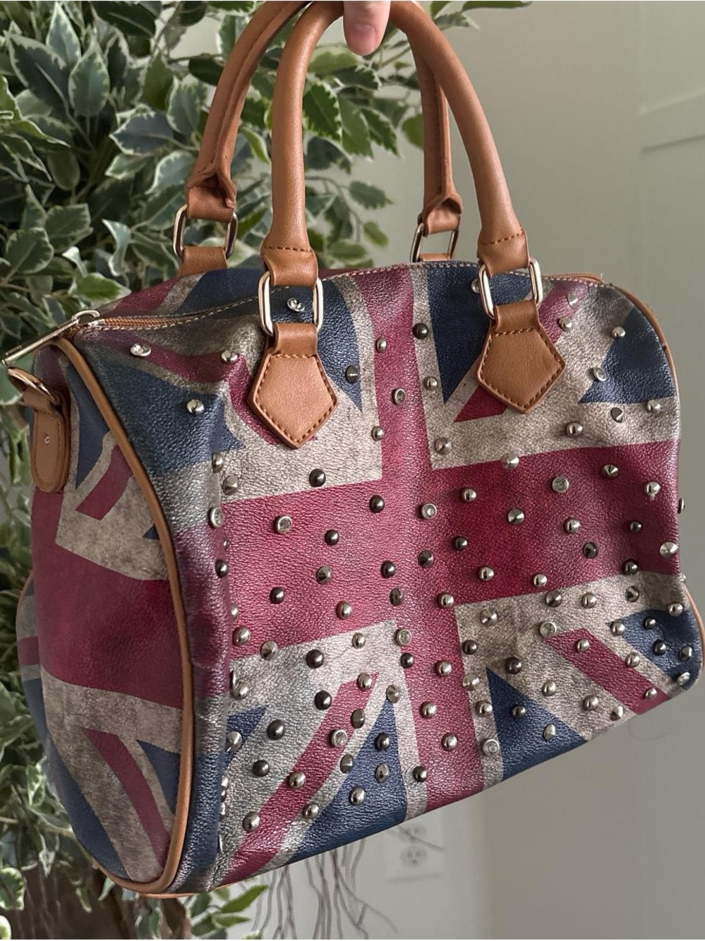 Union Jack Studded Leather Satchel Bag - Pink/Blue/White
